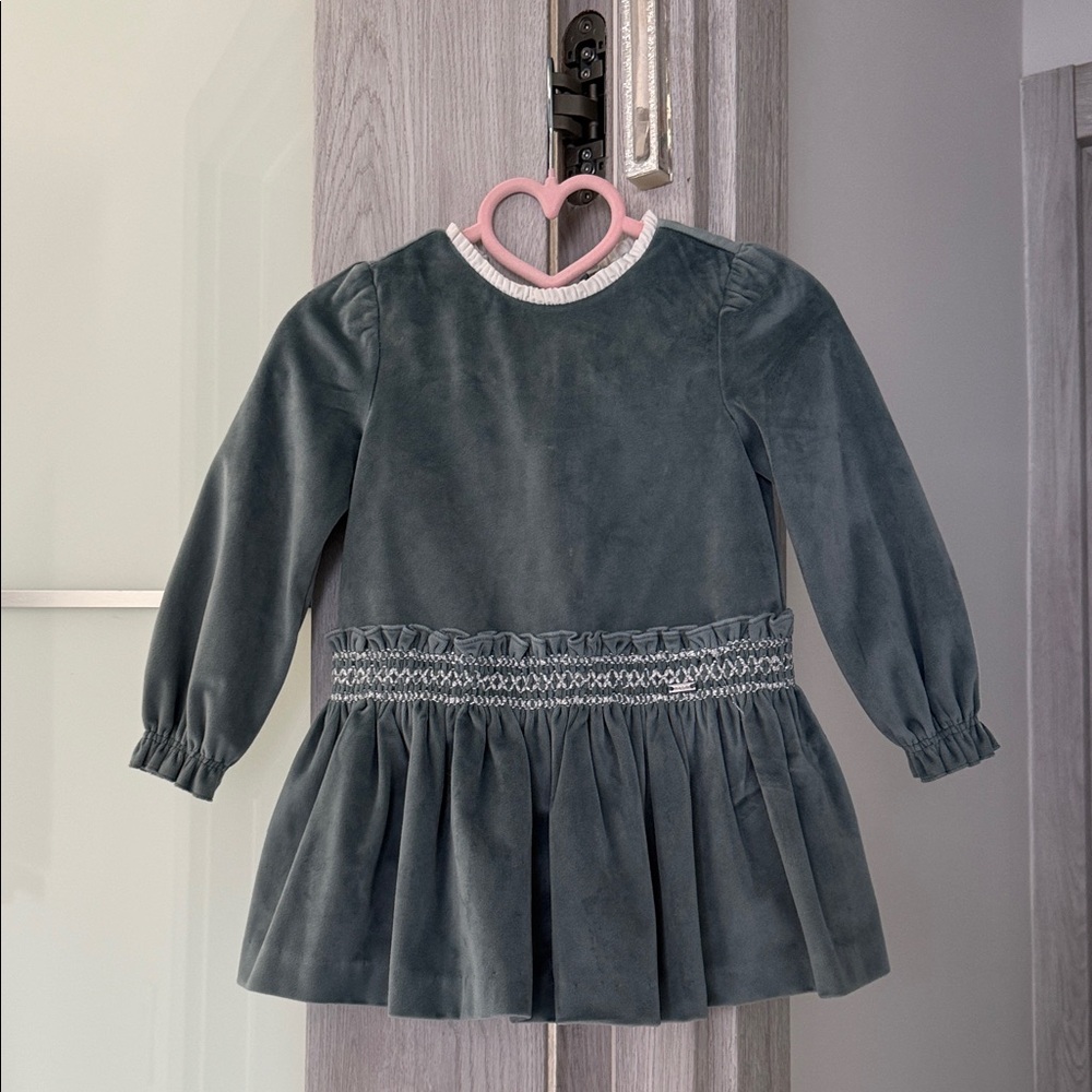 Mayoral Slate Green Velvet Dress with White Trim